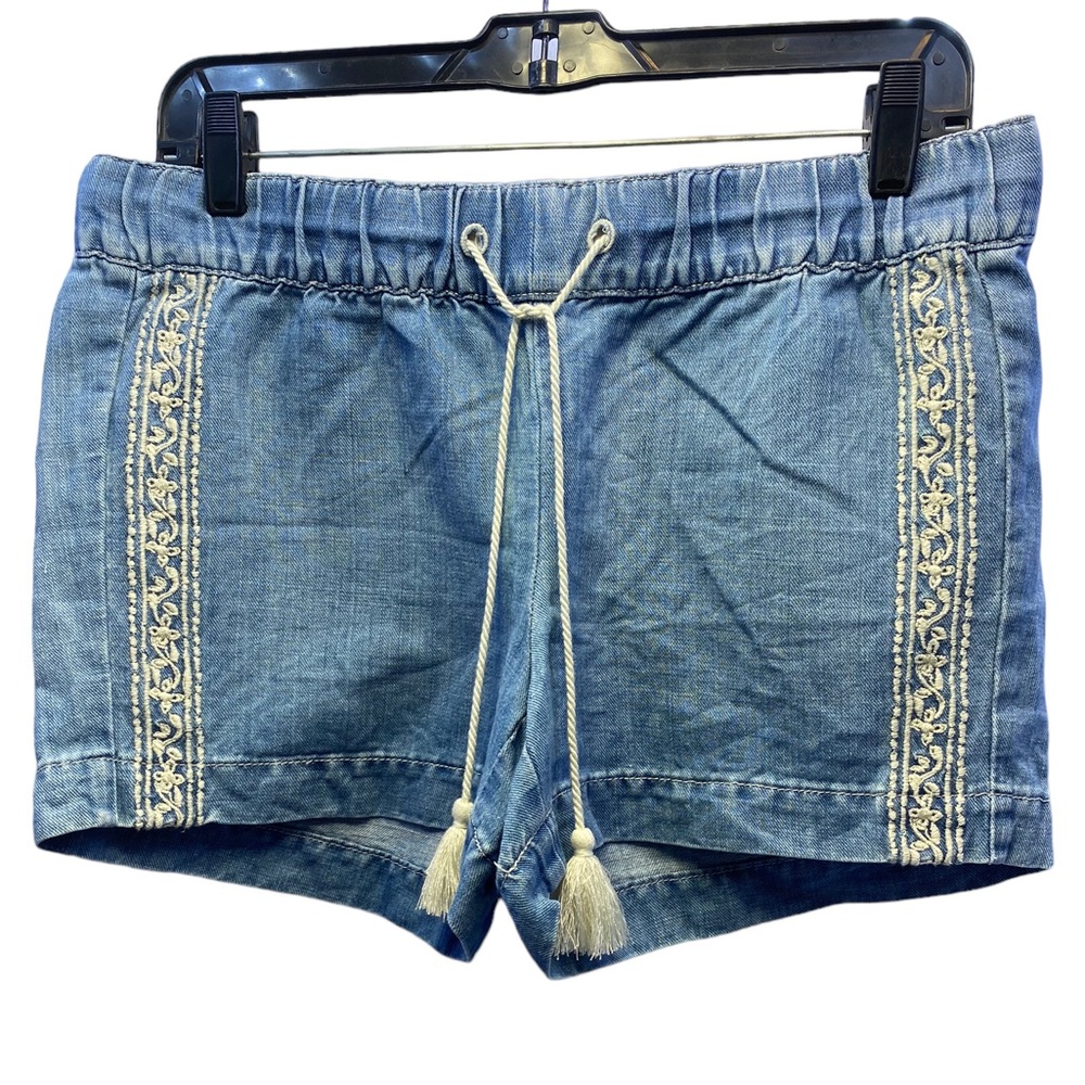 LOFT Lt. blue‎ denim drawstring shorts embroidered floral pattern